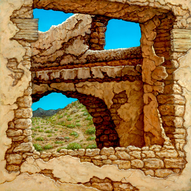 Adobe Near Taos II, a landscape painting by world famouse artist Janet Kruskamp. A view through a crumbling adobe shows a dirt trail winding up the craggy hill, a small mountain in the backround. The azure sky shows through at the top of the adobe brick building, with overlying plaster falling into decay exposing the old adobe block. One of the Interiors and Exteriors Gallery by Janet Kruskamp.