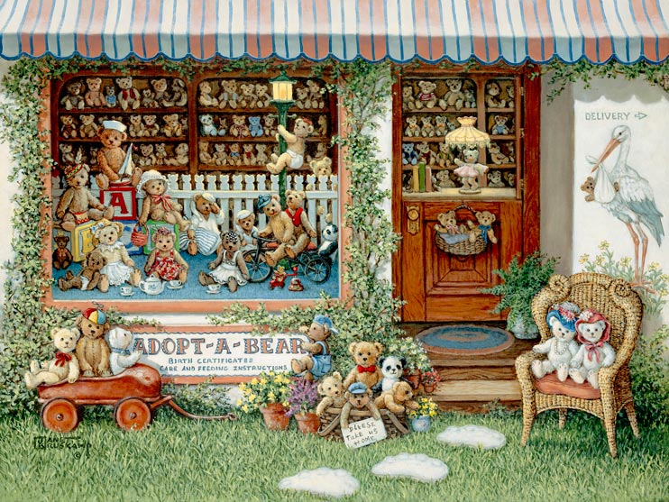 Adopt a Bear, a painting of a teddy bear shop full of teddies, including in front of the store in a basket, wagon and chair, one of the Janet Kruskamp Teddy Bear Gallery of  original paintings by Janet Kruskamp