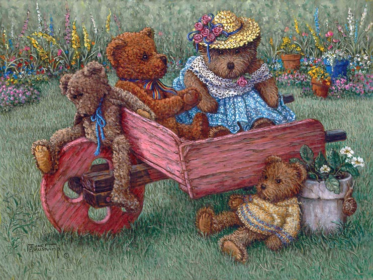 Amys Bears, a painting of teddy bears on and about a wooden wheelbarrow, one of the Janet Kruskamp Teddy Bear Gallery of  personally enhanced giclees  signed by Janet Kruskamp