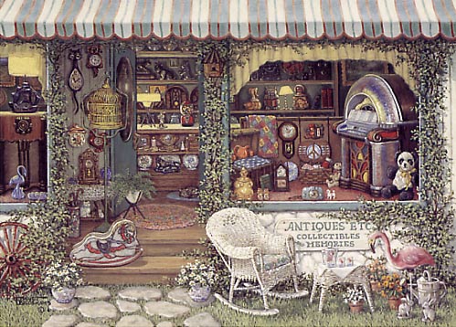 Antiques Etc, a painting of an antique shop window and front yard of shop shows antiques and collectibles from the 1920's through the 1970's, part of Janet Kruskamp's Interior and Exterior Scenes Paintings Gallery of original oil paintngs. 
Items include a stuffed panda, a wooden rocking horse, a brightly colored jukebox, novelty clocks, lamps, and ceramics. A small white wicker rocking chair and table sit out in front of the sign under the window. A pink flamingo sits outside as well. Ceramics, toys, a large vintage radio and a brightly colored quilt fill the store. Ivy entwines the building and is growing through a red wagon wheel outside the store on the left. A gold birdcage is perched outside the open door. An original oil painting by Janet Kruskamp.