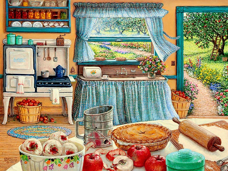 Apple Pie Harvest a painting of a 1920's farm kitchen displays a table filled with materials and ingredients for making apple pies. An enamel coffee pot simmers on the stove ,other pies cool on the breezy window sill and outside in the apple orchard,a ladder leans against an apple tree awaiting another picking, one of Janet Kruskamp's Interior and Exterior Scenes Paintings Gallery of original oil paintngs by Janet Kruskamp.