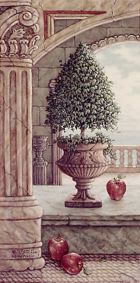 Apple and Topiary, a painting of apples fallen from a sculpted apple tree in marble arches and columns,one of Janet Kruskamp's original paintings,  by artist Janet Kruskamp