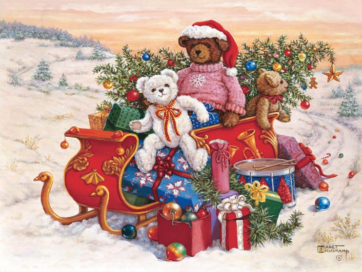 Sitting on a snowy road in a winter landscape, three adorable stuffed teddy bears bring a sleigh full of toys and christmas cheer. Overflowing with presents and a fully decorated christmas tree, the red sleigh sits in front of a beatifully colored sunset. A larger dark brown bear, wearing a red Santa hat and cute pink sweater decorated by a single snowflake on the chest, sits in the middle of the sleigh. A smaller white bear wearing a red and gold ribbon tied in a bow sits in front, turned and smiling to the viewer. A smaller brown bear hangs over the back of the sleigh. Tree ornaments are dropped along the road behind the sleigh, along with a solitary candy cane. One of the Janet Kruskamp Teddy Bear Gallery of original paintings hand by Janet Kruskamp.