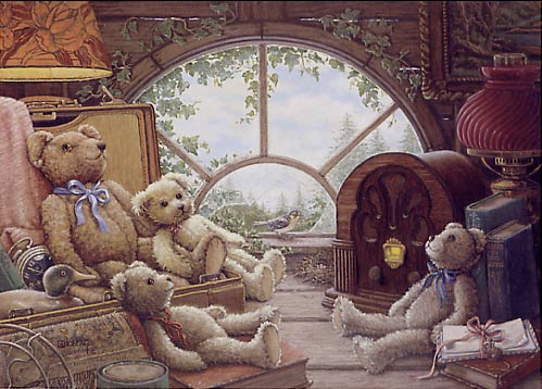 Bears in the Attic, a nostalgic peek into the attic with four teddy bears reclining in and around a chest and old fashioned radio, one of the Janet Kruskamp Teddy Bear Gallery of Original Oil Paintings and  original paintings by Janet Kruskamp