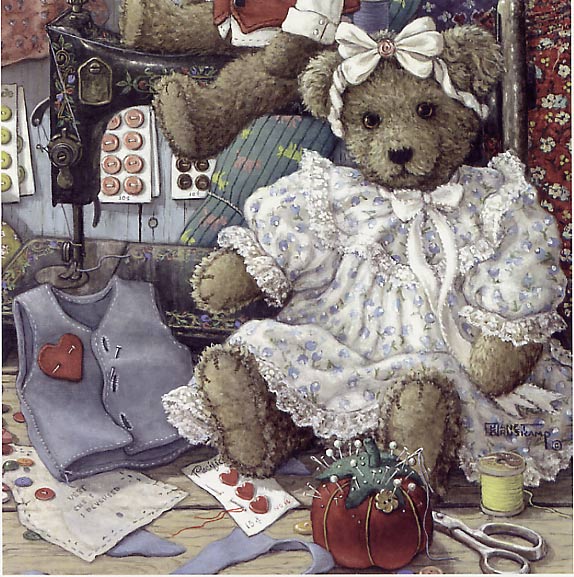 Bears n Bows, a painting of a girl teddy bear in bow and gown sitting on the tailor's bench with buttons and patterns, one of the Janet Kruskamp Teddy Bear Gallery of  personally enhanced giclees  signed by Janet Kruskamp