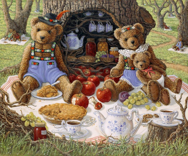 Bentley's Family Picnic, a painting of Bentley Bear and his wife and baby enjoying apple pie and coffee in front of the hollow tree that holds their pantry, one of the Janet Kruskamp Teddy Bear Gallery of  original paintings by Janet Kruskamp