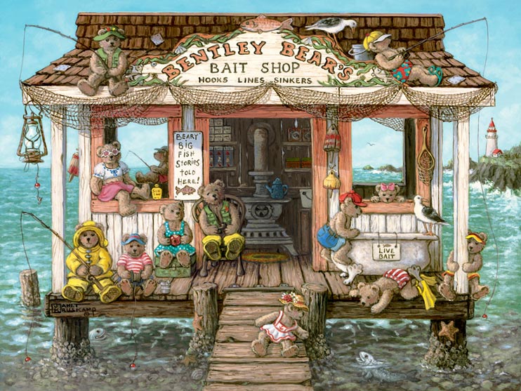 Bentley Bears Bait Shoppe, a nautical painting of a bait shop out on the water with a lighthouse in the distance, filled with teddy bears fishing and sitting. Signs proclaim Live Bait and Beary Big Fish Stories Told Here! Sea gulls sit on the roof and porch, fishing nets hang across the front under the sign. Some of the teddy bears are dressed in yellow rain slickers, others in everyday clothes. A small girl bear leans out from the walkway to view a fish with it's head out of water. One Janet Kruskamp's Teddy Bear Gallery of  original paintings by Janet Kruskamp