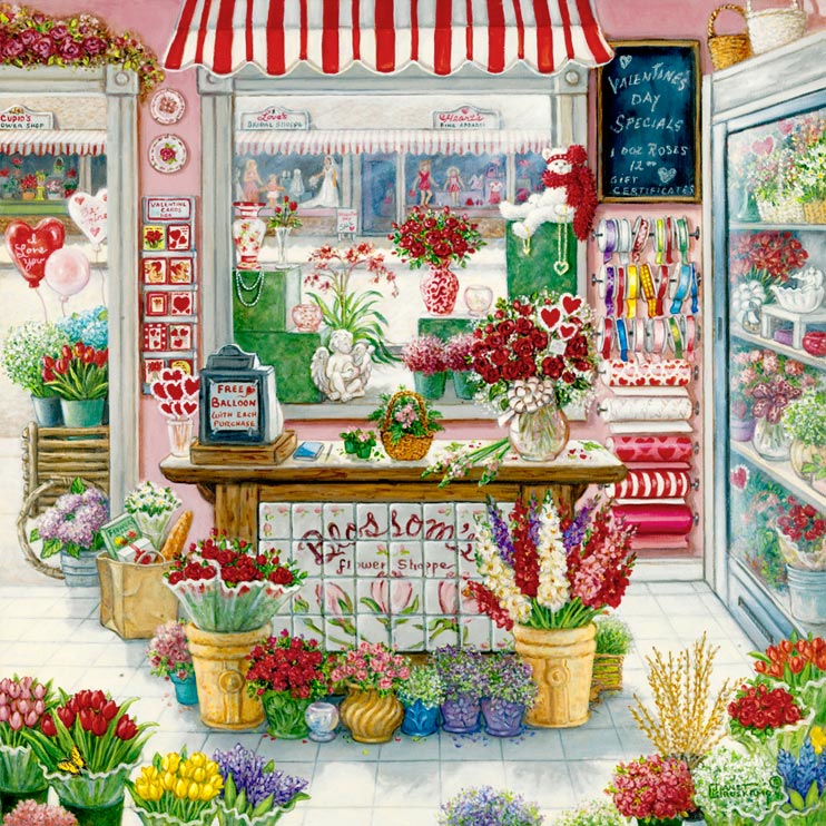 Janet Kruskamp's Paintings - Blossom's Flower Shoppe. It's Valentine's Day at Blossom's Flower Shoppe and the shop is overflowing with bright red color everywhere. Red flowers, red balloons, Red stickers, red lolipops, red ribbon and red wrapping paper abound in the tiny shop. But the owner must have stepped out for a moment, there is no one in sight, even on the street and opposite shops visible through the window and open door. A wooden flower cart ouside the door holds containers of cut flowers and heart shaped balloons. The counter has a decorated tile sign with the name of the shop. A refrigerated case holds more flowers, most in beautiful floral arrangements. A hand written sign on the back of the register proclaims free balloon with each purchase. A blackboard on the wall advertises the Valentines Day Specials of one dozen red roses. One of the Garden and Florals Gallery of Original Oil Paintings and  original paintings by Janet Kruskamp