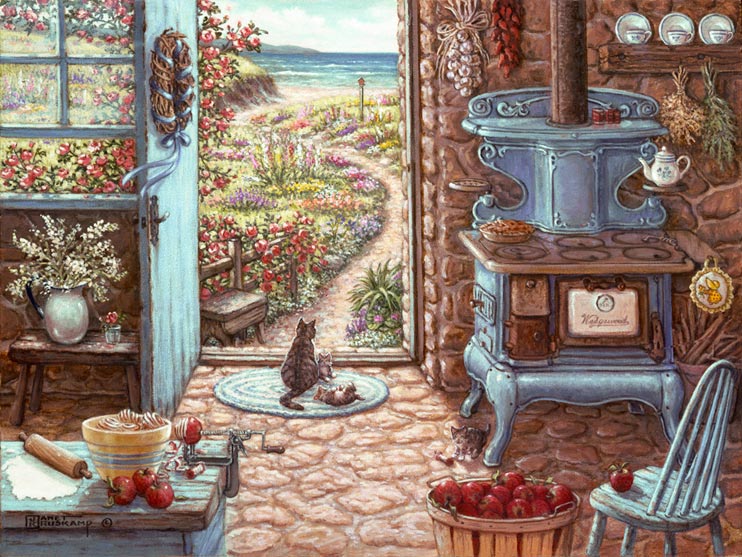 Blue Stove, a painting by Janet Kruskamp, an antique stove sits in old country kitchen by the sea. Apples are being peeled and pie dough is rolled out in preparation for the making of  a pie. A mother cat and one of her kittens sun themselves in the doorway, while other kittens frolic on the warm cobblestone
floor. Another painting from the Interior and Exterior Scenes Paintings Gallery of Original Oils and  original paintings, by Janet Kruskamp.