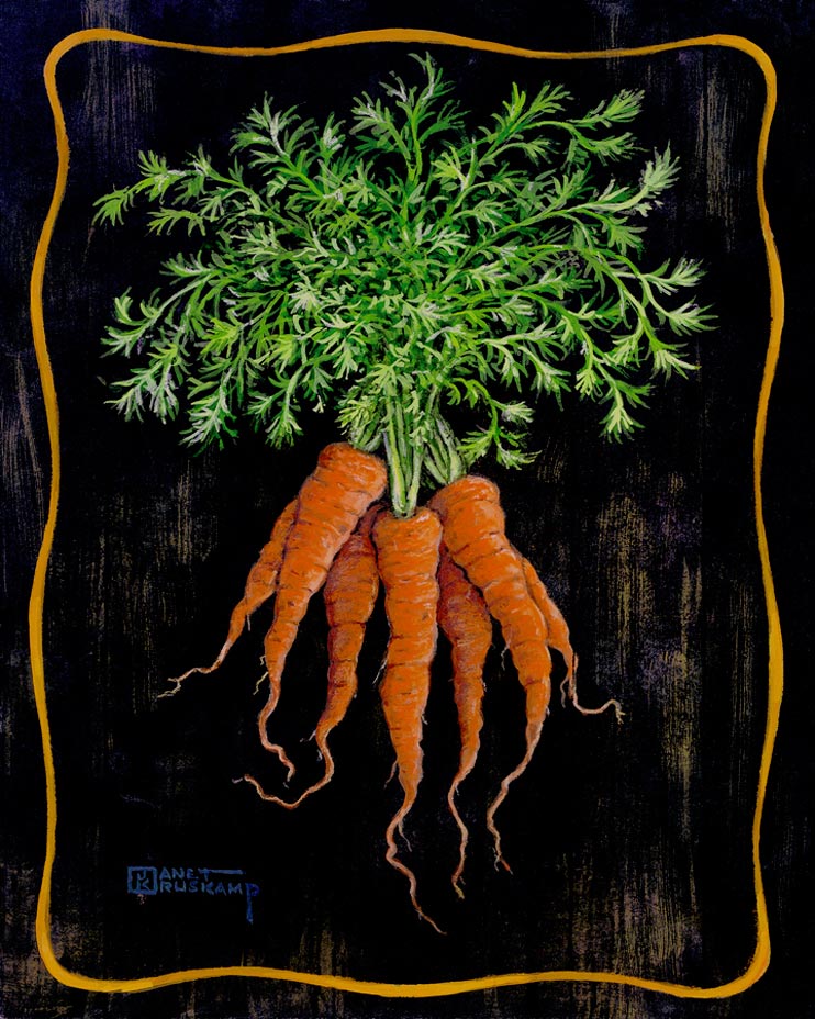 They always said that carrots were good for your eyes, now I know what they meant. Bright orange and the perfect shade of green make these carrots just right. The same background and border is used to ensure that this vegetable bouquet gets all the attention. This original painting as been hand by Janet Kruskamp.