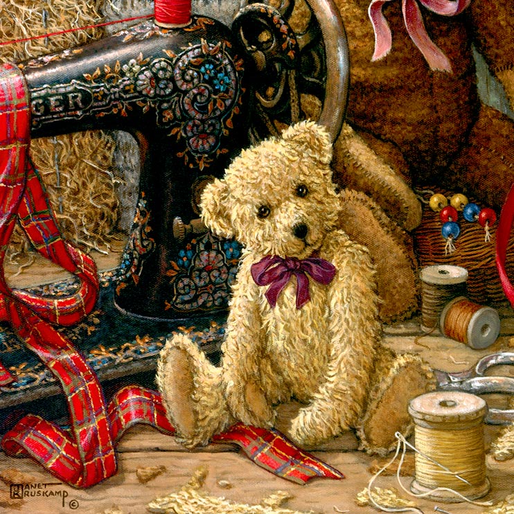 Brand New Bear 1, a painting of a fuzzy brown teddy bear fresh off the sewing machine, one of the Janet Kruskamp Teddy Bear Gallery of  personally enhanced giclees  signed by Janet Kruskamp