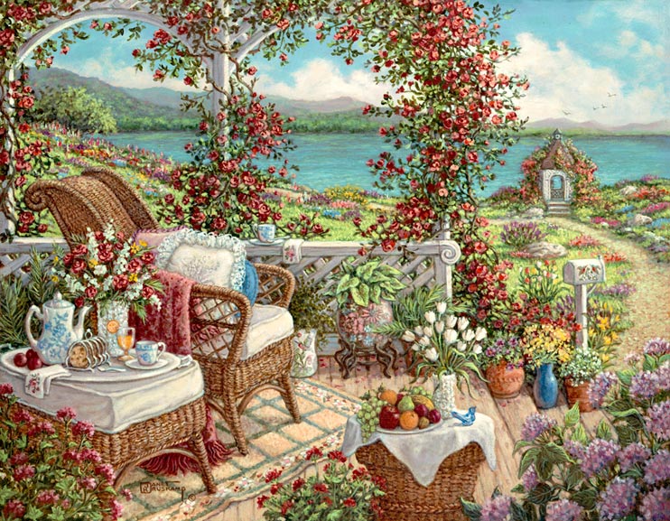 Janet Kruskamp's Paintings - Breakfast on the Veranda, a painting of a colorful setting for breakfast amidst the purples, reds, yellows and blues of all the flowers and vines surrounding the sumptuous repast on the wicker table next to the wicker chair and atop a small wicker basket on the ground on the veranda. One of the Gardens and Florals Gallery of Original Oil Paintings and  original paintings by Janet Kruskamp