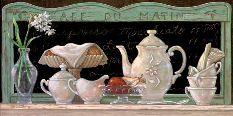 Café Du Matin, an oil painting of a beautiful, gently used antique porcelain coffee set. Naturally displayed in a casual restaurant setting including beautiful flowers and fresh pears, one of Janet Kruskamp’s newer original paintings, and personally enhanced. Hand by Janet Kruskamp.