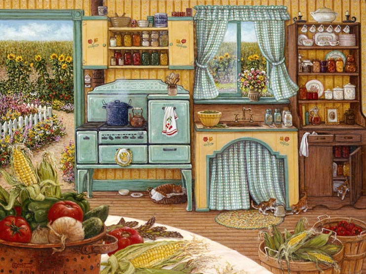 Canning Day, a painting of a farm kitchen of the 1930's displays the harvest of the day: corn, tomatoes, bell peppers, cucumbers and squash on the kitchen table. A canning steamer cooks on the stove and mason jars can be seen on the sink. Brightly colored jars of preserves sit on the shelves above the stove. A china hutch to the right displays the fancy pattern cups on cuphooks with more preserves in front of the displayed plates. Kittens play under the sink an in an open cupboard while mama cat sleeps in her bed under the stove. Outside in the kitchen garden, sunflowers are in full bloom from Janet Kruskamp's Interior and Exterior Scenes Paintings Gallery of original oil paintings by Janet Kruskamp.