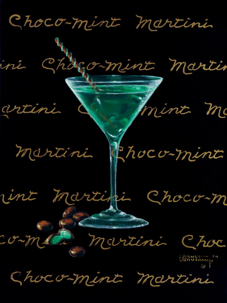 Choco-Mint Martini, a giclee for sale, personally enhanced and by the artist, Janet Kruskamp illustrating a classic martini glass with a green colored martini inside and chocolate pieces and mints at the base of the glass. The black background has the name Chocolate Martini handwritten in multiple lines across the background.