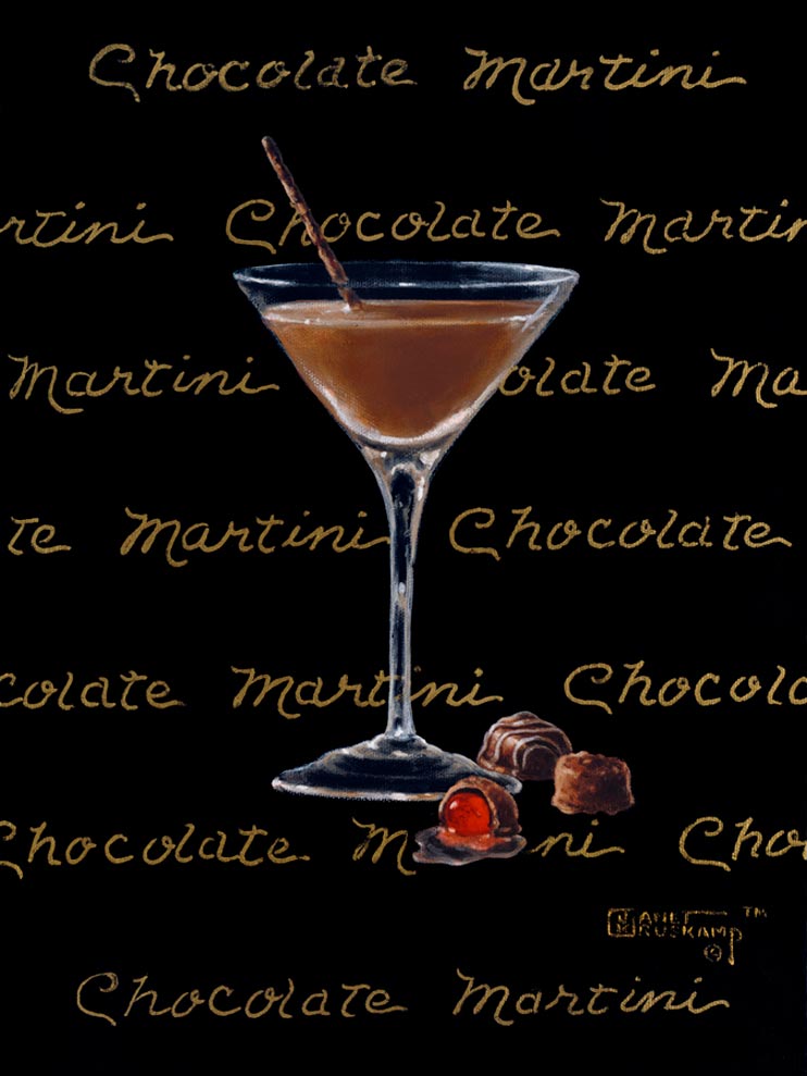 Chocolate Martini, a giclee for sale, personally enhanced and by the artist, Janet Kruskamp illustrating a classic martini glass with a chocolate colored martini inside. The black background has the name Chocolate Martini handwritten in multiple lines across the background.