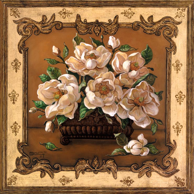 Classical Magnolia, a lovely painting of an arrangement of magnolia blossoms in a square vase. The blossoms are so large the vase, which sits on a shelf or sideboard against a brown wall, is mostly obscured by the arrangement. An unopened flower sits on the shelf next to the vase. The wonderful border around this painting, with intricate scrollwork in the corners and a fleur de lis type pattern, gives the illusion of looking in through a beautiful window, framed by the border. This is a new giclee , personally enhanced and by artist Janet Kruskamp.