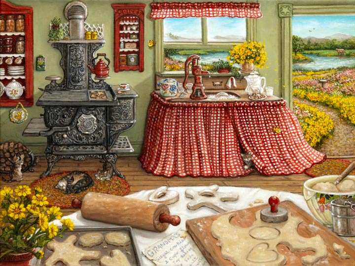 Cookie Baking Day by painter Janet Kruskamp recalls an earlier time, showing lovley antique stove, water pump, rolling pin and cookie cutters in a kitchen scene. Cut-out cookies sit on a tray ready to go in the oven and more cookie dough is being cut into cookies. A tabby cat naps curled up in front of the wonderful old wood stove and an open door beckons you down the golden flower lined path towards a shimmering pond. Another wonderful original painting from Janet Kruskamp's Interior and Exterior Scenes Paintings Gallery of original oil paintngs by Janet Kruskamp.