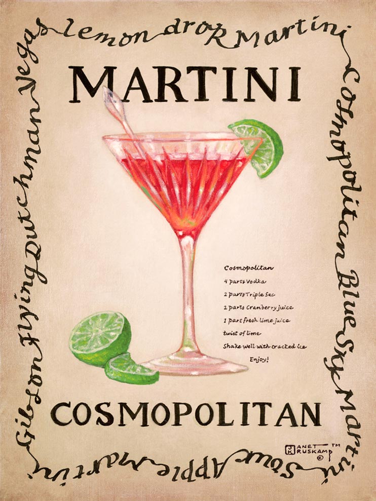 Cosmopolitan, an original painting,  personally by artist Janet Kruskamp showing a clear single stem martini glass with a green olive, stirrer and lemon twist. The recipe for a dry martini is next to the glass.