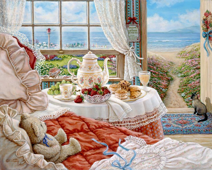 Janet Kruskamp's Paintings - Cottage by the Sea, a painting depicting the interior of a room of the seaside cottage, the open door beckoning the unoccupied room down the path to the seashore. A Siamese cat sits at the door waiting, along with her brown teddy bear on the bed, for her young mistress to return. The table next to the bed is set with fresh strawberries and grapes, along with pastries and tea. One of the Gardens and Florals Gallery of Original Oil Paintings and  original paintings by Janet Kruskamp