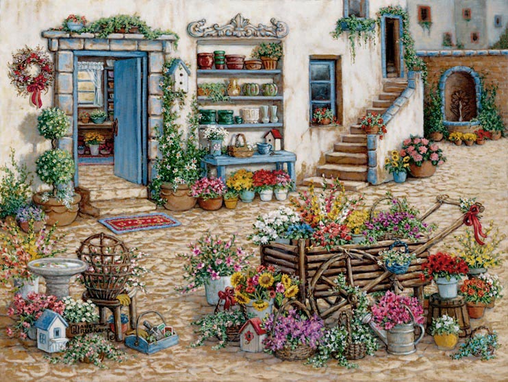 Janet Kruskamp's Paintings - Courtyard Flower Shoppe, a painting of a colorful courtyard in front of the flower shop. Flowers sit everywhere, including around and in a small cart in the right foreground. Flowers and pots sit on shelves built into the outside wall while a fountain streams water out of a wall in the background. One of the Gardens and Florals Gallery of Original Oil Paintings and  original paintings by Janet Kruskamp