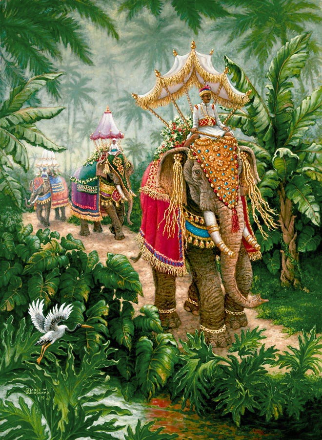 Elephants Festival Bound, an oil painting of three brightly decorated and dressed elephants being ridden through the verdant green palm forest to the festival. The lead elephant is adorned with golden chains around all four legs just above his massive feet and golden bands and caps on his tusks. Brightly colored jewels cover the elephant's headress. The elephant drivers sit in front of brightly colored canopies over the back full of flowers, one of Janet Kruskamp's Original Oil Paintings, by artist Janet Kruskamp