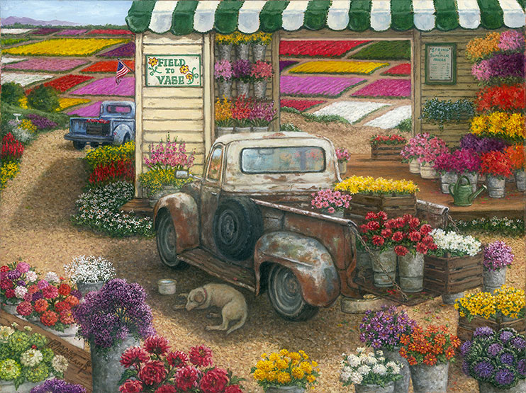 A rainbow of flower colors, both in the fields and cut, ready for your vase, brighten this painting by Janet Kruskamp. Every imaginable type and color of flowers are shown here, the brightly colored fields of flowers in the background are visible through the wooden storefront. A colorful green and white awning tops the simple wood frame shop, fronted by the sign "Field to Vase" and the Spring/Summer price list on the other side of the ample doorway. Old pickup trucks hold containers of cut flowers ready to purchase. A sleeping dog lies in the shade beside the pickup in the foreground, a bowl of water by his side.