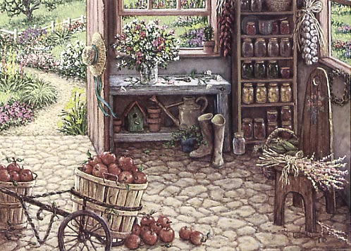 Gardening Room, a painting by Janet Kruskamp of an outdoor gardening room with cobblestone floor, the perfect storage for baskets of apples and canned fruits and vegetables stored in jars on the shelves. A rope of Garlic hangs on the wall and gardening tools and a freshly made bouquet of flowers round out the scene. An Interior and Exterior Scenes Paintings Gallery of original oil paintngs by Janet Kruskamp.