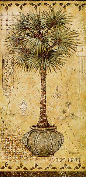 Global Palm 2, a painting of a potted palm tree on a hand painted map, one of Janet Kruskamp's Original Gouache and Rice Paper, by artist Janet Kruskamp