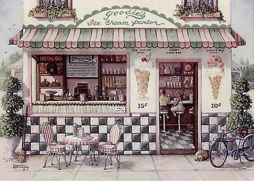 Goodies Ice Cream Parlor, a painting of an old-fashioned ice cream parlor with two children sitting on high stools at the counter inside and a dog curled up outside the front door, one of Janet Kruskamp's Paintings - Figure and Genre Gallery - original oil paintngs by Janet Kruskamp.