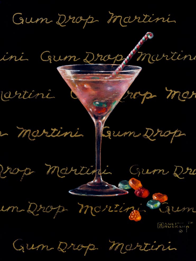 Gum Drop Martini, a giclee for sale, personally enhanced and by the artist, Janet Kruskamp illustrating a classic martini glass with a multi-colored martini inside and gum drops scattered at the base of the glass. The black background has the name Gum Drop Martini handwritten in multiple lines across the background.
