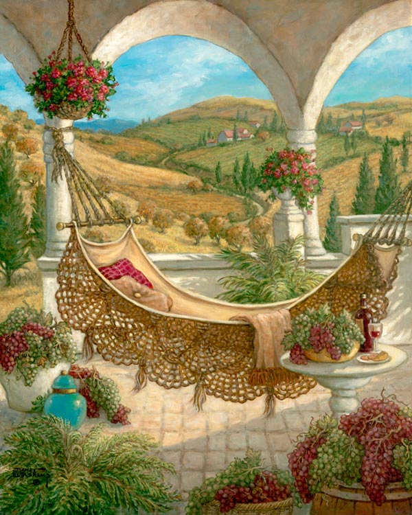 Harvest Celebration 2, an idylic scene featuring a hammock slung between two pillars of an arched dome decorated by hanging flower baskets. Rolling dry hillsides punctuated by green fields form the background through the pillars. Trees, in fall colors and evergreens, dot the landscape along the winding road to the horizon. The fruits of the harvest surround the hammock and table, framed by green plants and a bright aquamarine jar. An original oil on canvas available directly from the artist, Janet Kruskamp. 