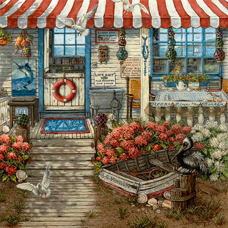 An oil painting of a cozy little bait shop, weathered and worn around the edges, topped with a red and white striped awning. A retired rowboat sits to the side of the wood plank walkway that leads up to the porch. Ice and live bait flank the split open front door. To the side of the porch, a table set with a china tea set awaits. Brightly colored glass floats are hung in nets from the porch roof. Flying gulls and a sleepy pelican are attracted by the live bait. Bright flowers fill the front yard of the shop. Signs offering bait, ice, fishing tackle, lures, custom rods and live bait are posted on the outside of the shop.