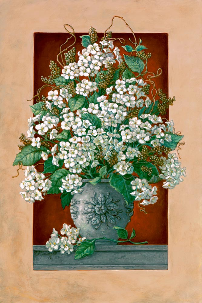 Janet Kruskamp's Paintings - Hydrangeas En Rouge, an original oil painting showing a lovely vase of cut hydrangea blossoms coming through in front of the frame in the painting. A deep rich red wall is contrasted by the white petals and light grey round classical vase on a gray shelf. A lone hydrangea blossom lays next to the vase on the shelf. One of the Garden and Florals Gallery of Original Oil Paintings and  original paintings by Janet Kruskamp