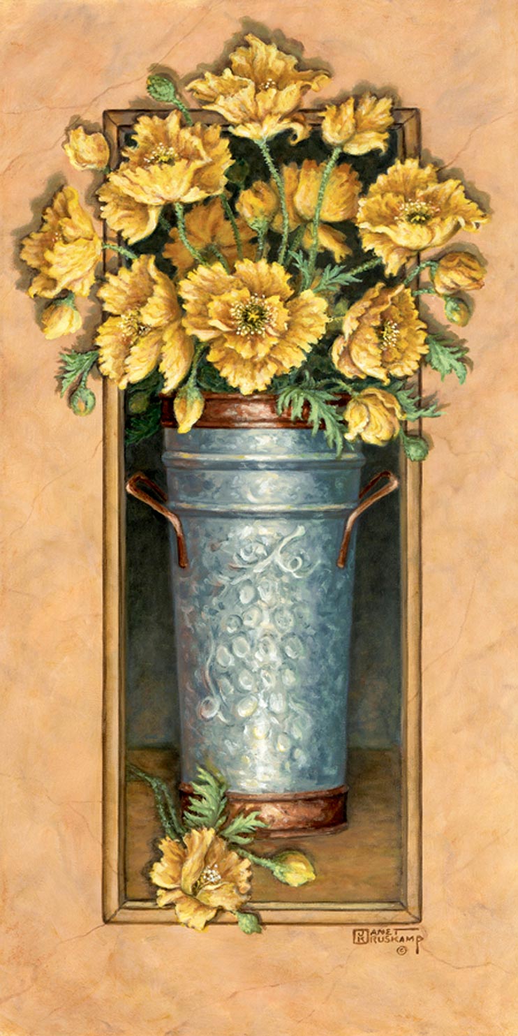 Janet Kruskamp's Paintings - Icelandic Poppies 2, a painting of yellow poppies in a hammered metal vase. The vase is framed by a narrow, rectangular cutout with the poppies spilling out in front of the frame at the top. One of the Gardens and Florals Gallery of Original Oil Paintings and  original paintings by Janet Kruskamp