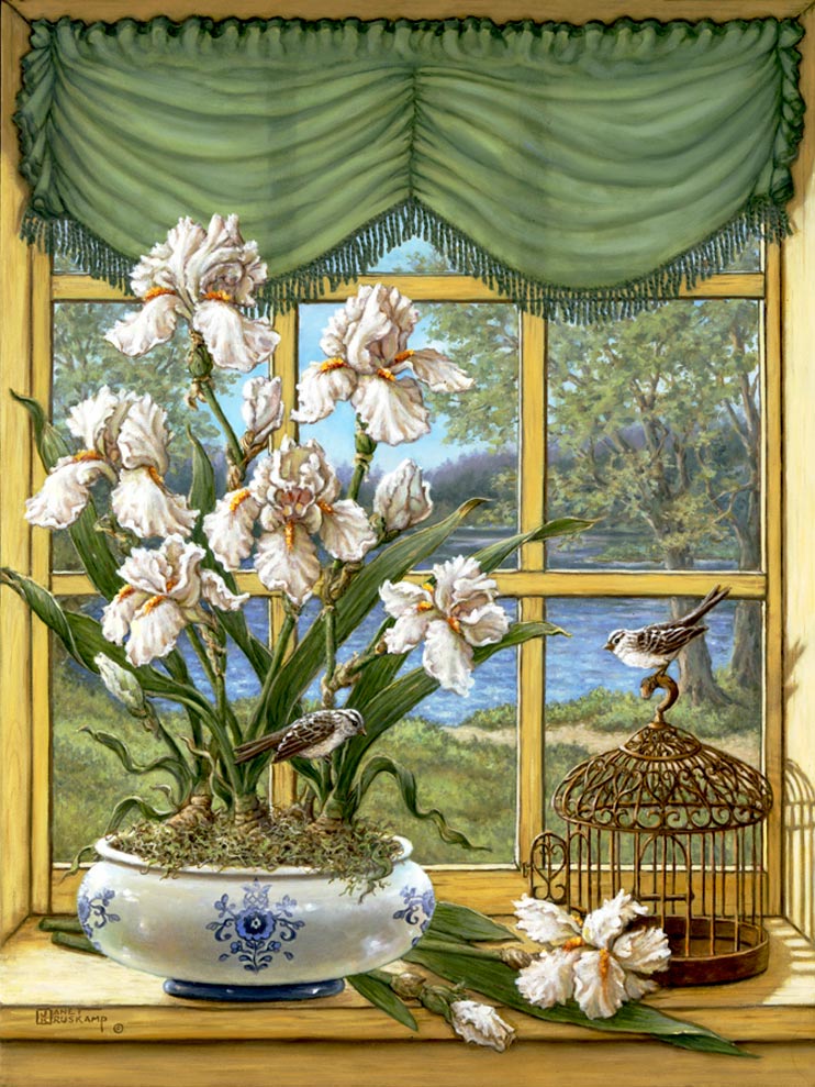 Janet Kruskamp's Paintings - Irises by the Lake, a painting of a wide white porcelain planter with blue decoration holding white iris plants sitting on a window sill overlooking a small lake outside. A small bird sits atop a small wire cage on the sill next to the planter and cut irises. One of the Gardens and Florals Gallery of Original Oil Paintings and  original paintings by Janet Kruskamp