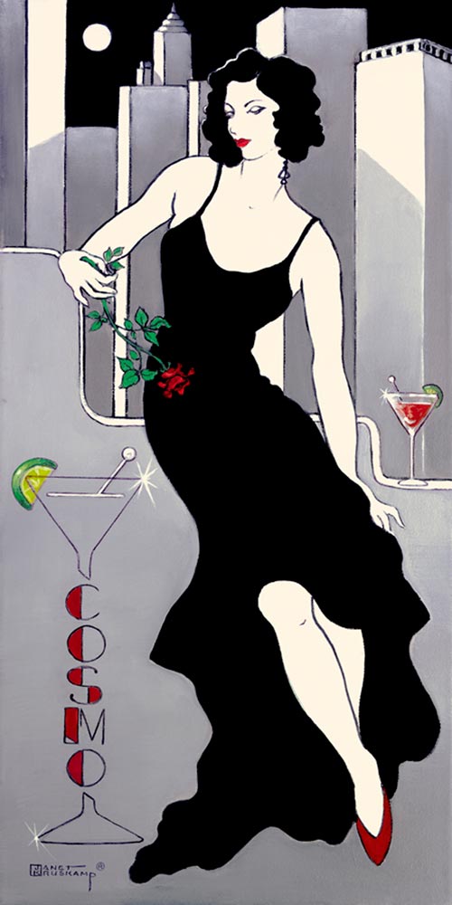 La Dame en Noir, a giclee , personally enhanced and by the artist Janet Kruskamp showing an illustration of a chic woman dressed in a black evening gown against a stylized city skyline. The woman is holding a single red rose and sitting next to her is a cosmopolitan martini glass. A large martini glass sign on her left spells out "Cosmo".