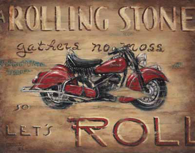 Let's Roll, another new poster from artist Janet Kruskamp, features a fabulous classic red Indian motorcycle with the words "A Rolling Stone gathers no moss. Let's ROLL" around this classic motorcycle. The distressed look of the surface of the poster, worn, scratched and dirty, adds to the presentation of this vintage motorcycle from the 40's.  Indian is America's oldest motorcycle brand and was once the largest manufacturer of motorcycles in the world. Featured in this poster, the Chief model had its heyday from 1922 to 1953. Used in both World Wars, the Indian motorcycles had a well-deserved reputation for being built like a rock. Order your own original painting of this historic motorcycle.