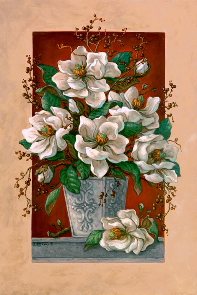 Janet Kruskamp's Paintings - Magnolias En Rouge, an original oil painting showing a lovely vase of cut magnolia blossoms coming through in front of the frame in the painting. A deep rich red wall is contrasted by the white petals and light grey classical vase on a gray shelf. A lone magnolia blossom lays next to the vase on the shelf. One of the Gardens and Florals Gallery of Original Oil Paintings and  original paintings by Janet Kruskamp