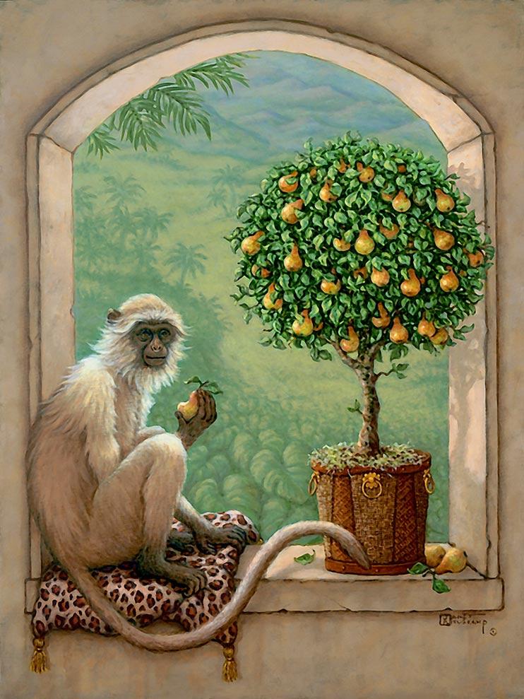 Monkey and Pear Tree, a painting of a monkey resting on a leopard skin pillow sampling a pear from a pear topiary tree, one of the Original Oil Paintings by artist Janet Kruskamp