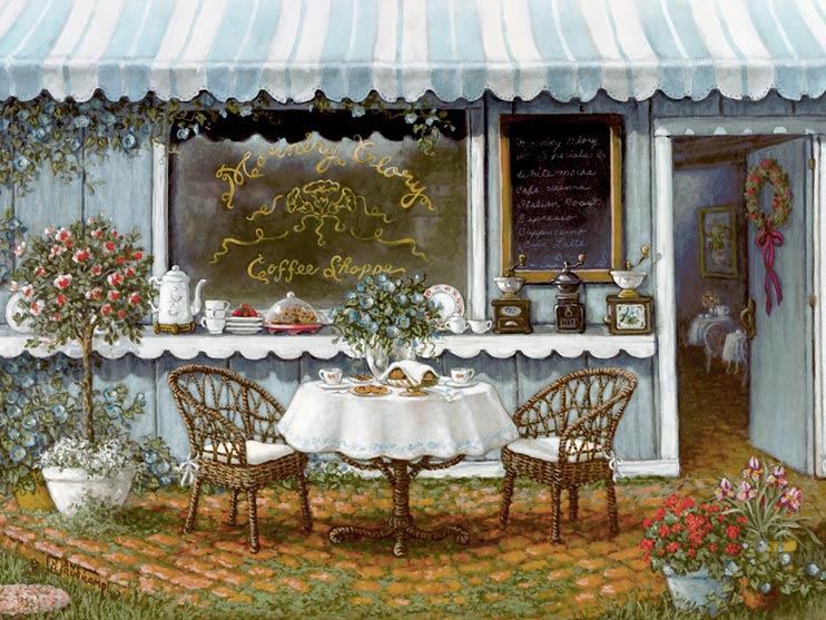 “Morning Glory Coffee Shoppe,” an enticing table is set for brunch for two in front of the coffee shop. A sideboard is used under the shop window, holding an old-fashioned coffee grinder, coffee pot an more. The cobblestone ground under the table is ringed with brightly colored potted flowers and a beautifully trimmed small pink rose bush. The open door with tables visible inside beckons you in. This is another giclee,  personally enhanced and then hand by the artist, Janet Kruskamp.