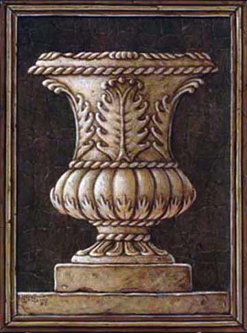 Neo Classical Urn, a painting of a classical style round urn sitting on top of a square base and finally all sitting on another level. The ornately carved urn narrows to a small diameter before spreading out at the base. The dark chocolate colored background is bordered by a dimensional wooden frame. This is a new giclee , personally enhanced and by artist Janet Kruskamp.
