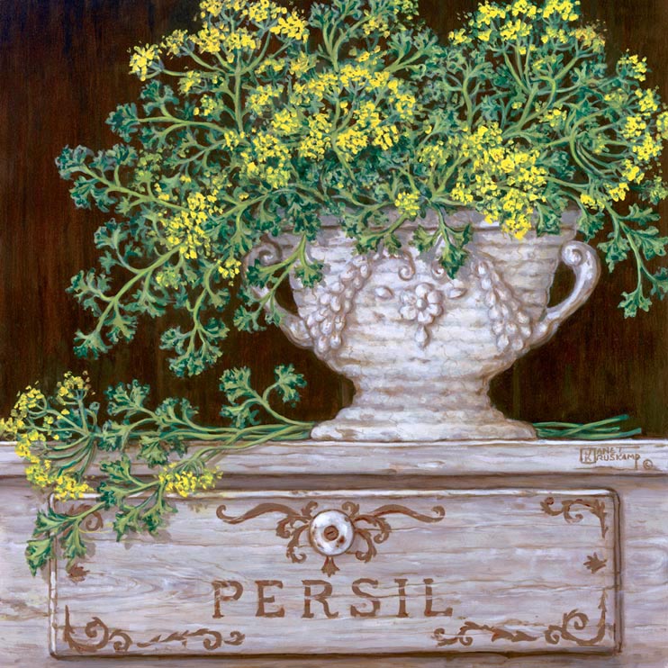 Paquet de Persil. Lovely soft yellow flower buds and pale green leaves are shown here stuffed in an antique vase. The porcelain vase sits proudly on the Persil display box. This oil painting is lighter in color but still has the power presence of any piece done by Janet Kruskamp. Like all of Janet’s  original paintings, this too has been by the artist. 