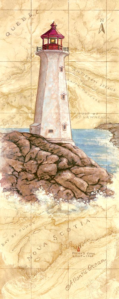Peggys Cove Light, a painting of a lighthouse painted against a hand painted map, showing the region and the spot where the lighthouse is located, one of Janet Kruskamp's original paintings,  by artist Janet Kruskamp