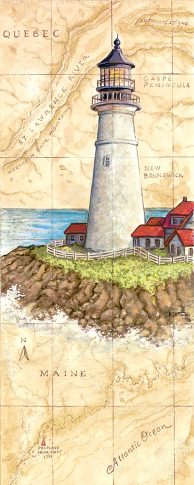 Portland Head Light,a painting of a lighthouse painted against a hand painted map, showing the region and the spot where the lighthouse is located, one of Janet Kruskamp's original paintings,  by artist Janet Kruskamp