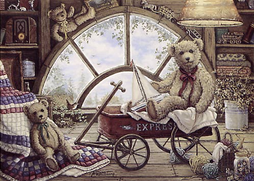 Remembering Yesterday, a painting of light coming through the attic window illuminating a wagon holding one teddy bear holding a sailboat, with two more teddy bears in the picture, one of the Janet Kruskamp Teddy Bear Gallery of  original paintings by Janet Kruskamp