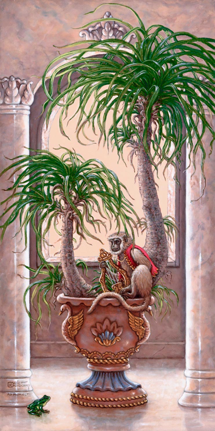 Royal Pet I1, a painting of a royal pet monkey playing a harp on a potted palm tree, one of Janet Kruskamp's original paintings,  by artist Janet Kruskamp