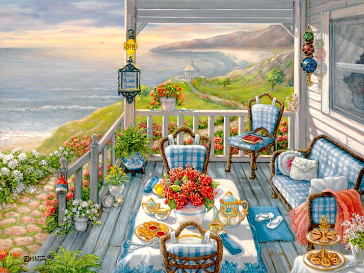 Sea Side Inn, another giclee from Janet Kruskamp. This painting shows the wooden porch of the Sea Side Inn, all set for for an early morning breakfast. A bright red vase of flowers sits in the middle of the crisp white with country blue flowered border tablecloth, with an ornamented coffee pot on one side, and the matching cream and sugar service on the other. Goodies are set on the main and side table, waiting for the hungry guests to arrive. A wonderful sunrise brings out the smooth curve of the bay, spotlighting a gazebo on a small rise along the shoreline. Steps lined with flower pots on either side lead down to a cobblestone path heading for the gazebo. Another fine art giclee, personally enhanced and then hand by the artist, Janet Kruskamp.