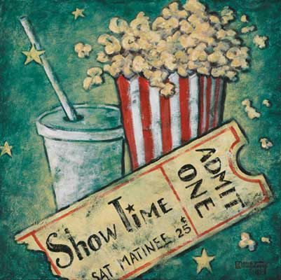 Showtime, a poster in the vintage movie poster collection by artist Janet Kruskamp, takes a nostalgic look at going to the movies for a Saturday matinee for a quarter. The red and white striped popcorn holder overflows with freshly popped popcorn and a soda cup sits alongside with straw through the plastic lid, ready to wash the popcorn down. Your showtime ticket completes the package with the bottom portion raggedly removed. This weathered looking poster is available from the artist. 