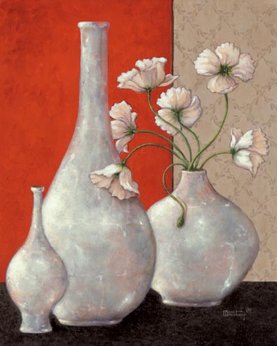 Janet Kruskamp's Paintings - Silver Leaf and Poppies I, an original oil painting of three beautiful silver leaf vases. One large bulbous vase holds white poppies with fringed petals. The center is commanded by a tall, long necked empty round vase. The left vase is a smaller, more delicate version of the center vase, only on a flared round base. The background is split between a dark rich red and a light gray pattern, with the vases sitting on a black suface. One of the Still Life Gallery of original oil paintings or  original paintings by the artist, Janet Kruskamp